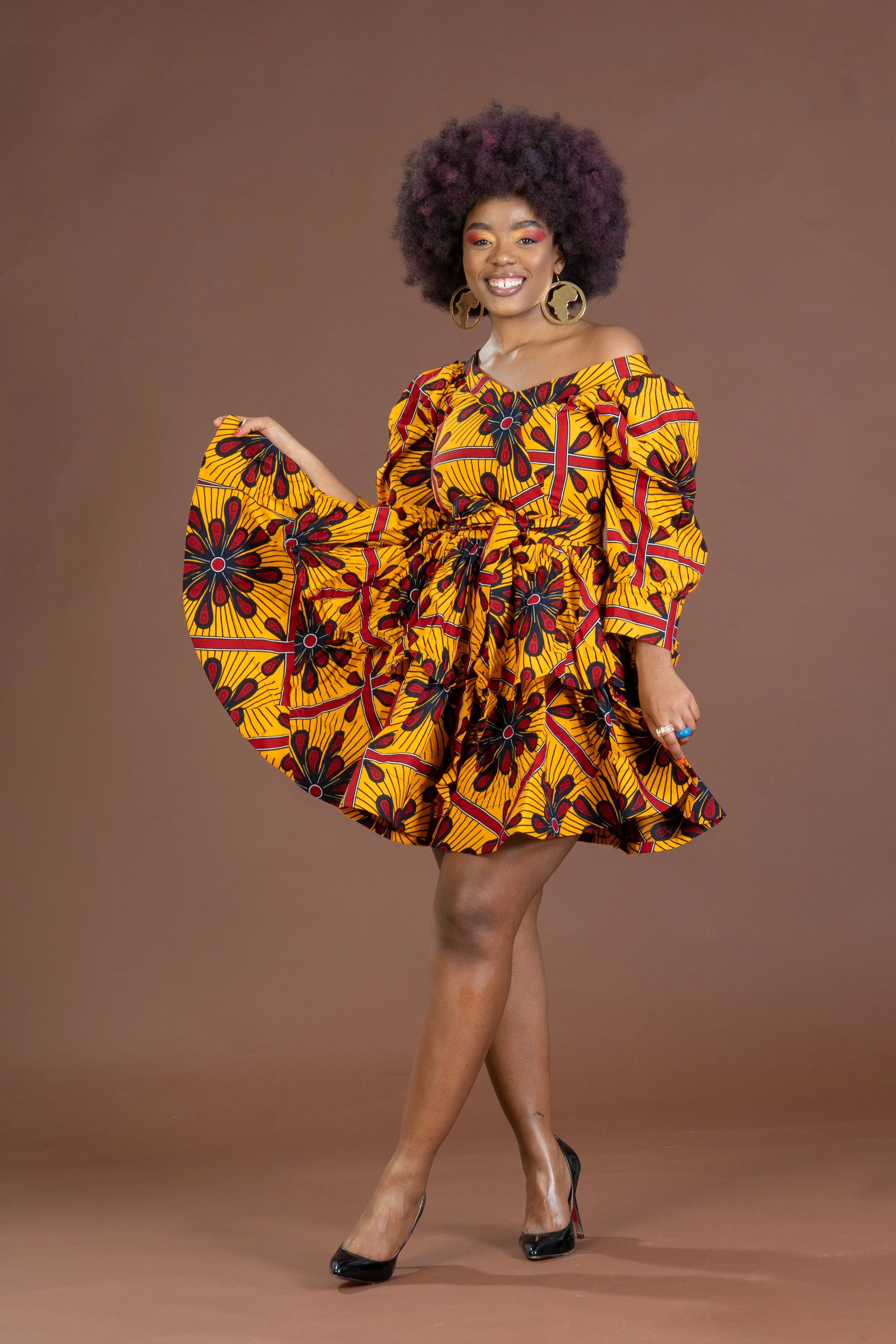 Akachi Ankara Short Flare Dress |Yellow African print