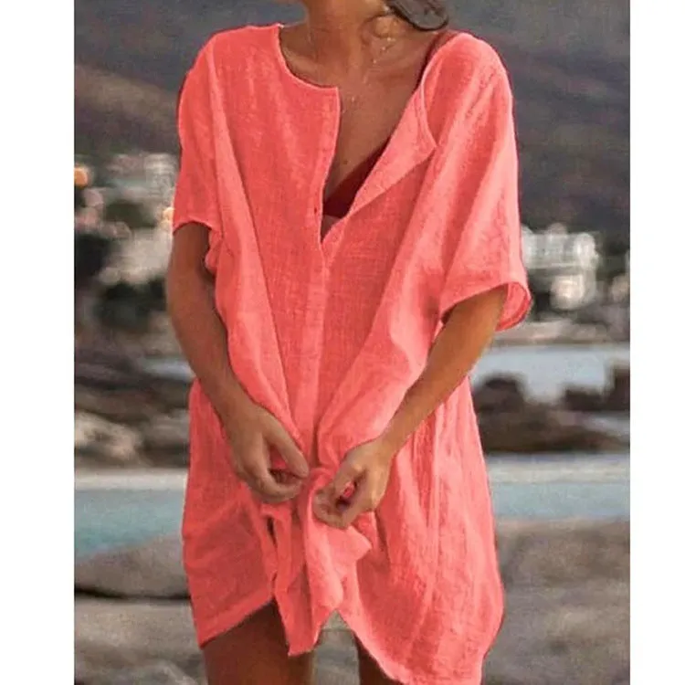 Hot SaleWomen's Cotton and linen Plain Loose Long Shirt